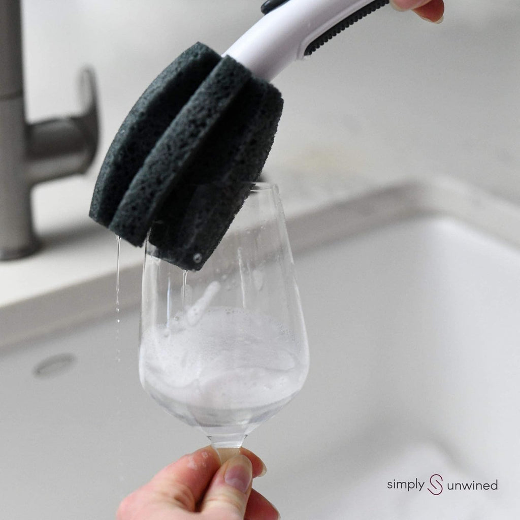 | The WINE Brush – One Step Patented Stemware Cleaning Sponge with Soap Dispenser and Replaceable Sponge Head Designed to Clean Wine Glass Rim and Bowl
