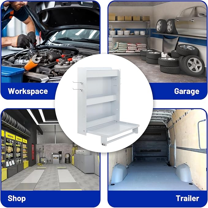 Trailer Door Cabinet Organizer, Flip-Out Work Tray & Paper Towel Rack Organizer with Hooks, Wall-Mount Work Station Storage Cabinet for Enclosed Race Trailer Garage Storage, White