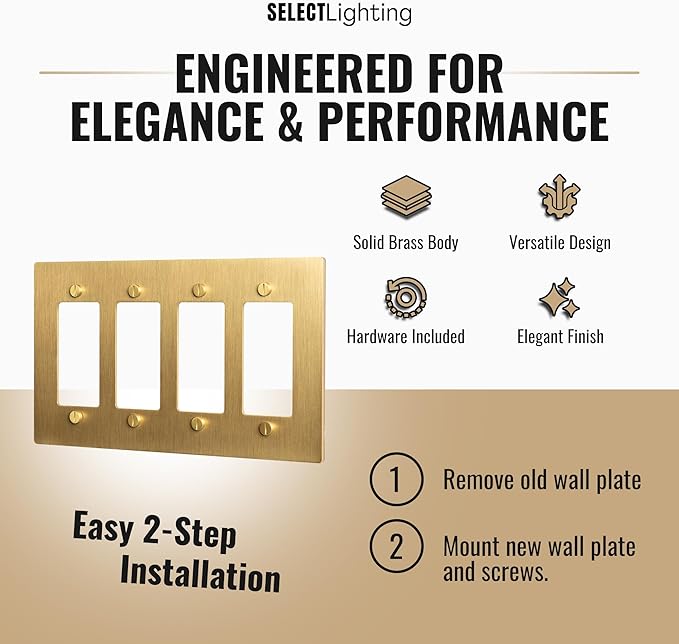 4-Gang Satin Brass Wall Plate, Electrical Receptacle Wall Outlet Faceplate, GFI/Rocker Decorator Light Switch Cover