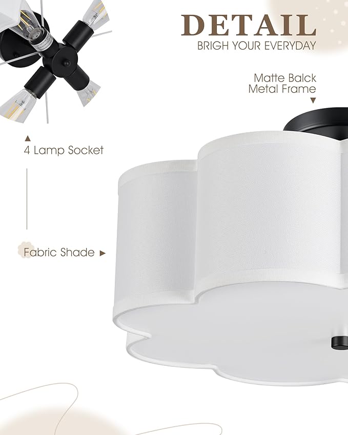 Black Semi Flush Mount Ceiling Lights, 4-Light 18" Ceiling Light Fixtures with Fabric Shade in Flower Shape, Farmhouse Drum Lighting for Nursery Bedroom Kitchen, AD-22009-4SF-BK