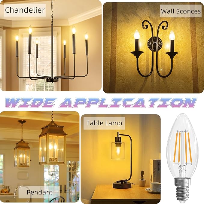 Candelabra Light Bulbs, 6W Equivalent to 60 watt, E12 LED Bulb Non-Dimmable 2700K Soft White, LED Chandelier Bulb, B10 Candle Bulbs, 90+CRI, 600LM, Cear Glass, 6 Pack