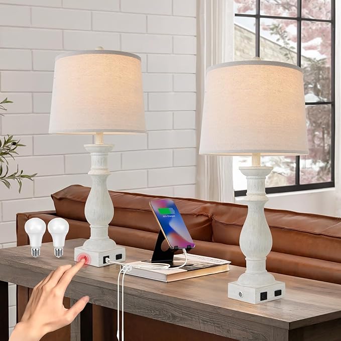 Terpsichore Touch Dimmable Desk Lamp Table Lamps Set of 2 Vintage Night Stand Light Farmhouse Resin Lamp,Bedside Lamps with USB Ports &Outlets,for Bedroom,Living Room,Office,Dining Room,Reading