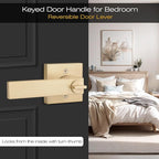 EHOMEWARE 1 Pack Gold Door Handles, Entry Door Levers with Keys, Not Keyed Alike - Interior Door Lever Door Handle with Modern Contemporary Design for Home Bedroom or Living Room