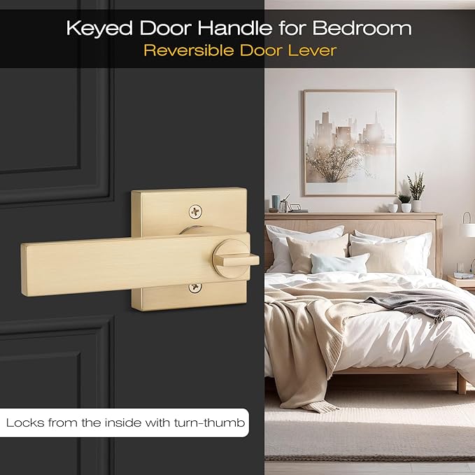 EHOMEWARE 2 Pack Gold Door Handles, Entry Door Levers with Keys, Not Keyed Alike - Interior Door Lever Door Handle with Modern Contemporary Design for Home Bedroom or Living Room