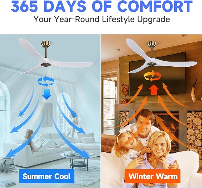 60" Gold and White Ceiling Fan with Remote Control, Bedroom Ceiling Fan without Lights for Indoor/Outdoor - Modern Design, Powerful Airflow, Silent Operation