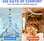 60" Gold and White Ceiling Fan with Remote Control, Bedroom Ceiling Fan without Lights for Indoor/Outdoor - Modern Design, Powerful Airflow, Silent Operation