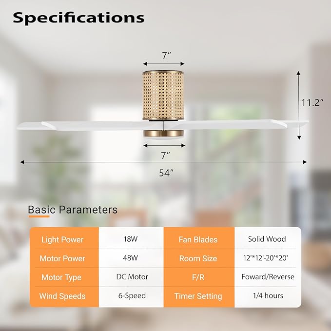 54" Ceiling Fan with Light - Low Profile Flush Mount Ceiling Fan, 6-Speed Remote Control, Solid Wood, Quiet Reversible DC Motor, White/Gold Finish, for Bedroom, Living Room, Porch