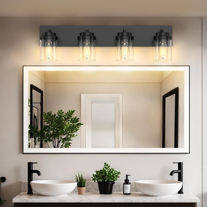 IZORRO Bathroom Vanity Light Fixture, 4-Light 27.5 Inch Matte Black Bathroom Light Fixtures Over Mirror, with Clear Glass Shade, Modern Farmhouse Vanity Lights, Rustic Restroom Lighting Fixtures