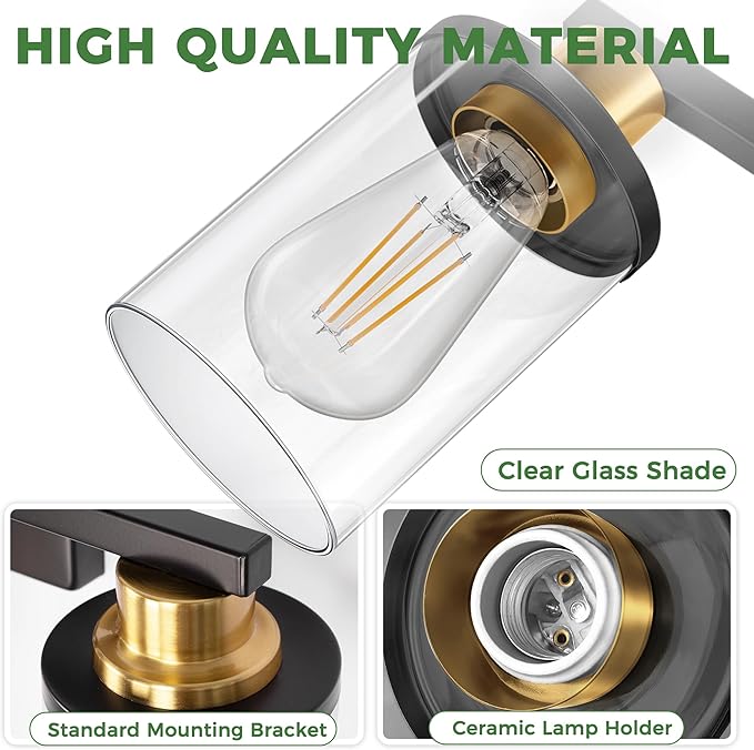 DORESshop 55 Inch Bathroom Light Fixtures, 8-Light Black and Gold Bathroom Lighting Fixtures Over Mirror with Glass Shade, Modern Vanity Lights for Hallway Bedroom