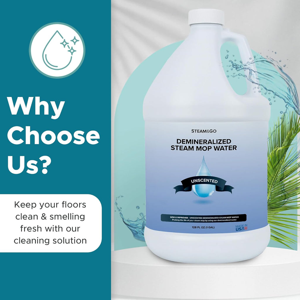 Steam and Go Unscented Demineralized Water - Cleaning Solution for Steam Mop, Floor Cleaner Solution, & More - Ready-to-Use Multi-Surface Floor Cleaning Solution - No PVC - 128 Fl. Oz