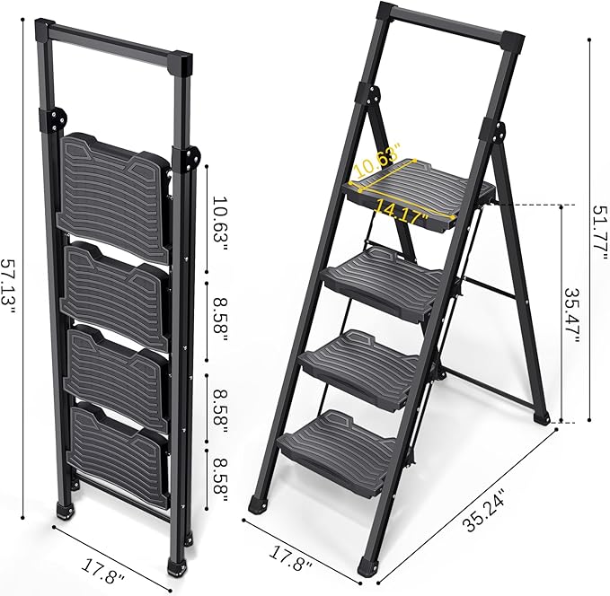 KINGRACK Step Ladder 4 Step Folding, 900lbs 4 Step Ladder with Anti-Slip Wide Pedal and Handrails, Lightwight Household Ladder, Pass 900LBS Testing, for Your Kitchen, Pantry, Closets, Office Use