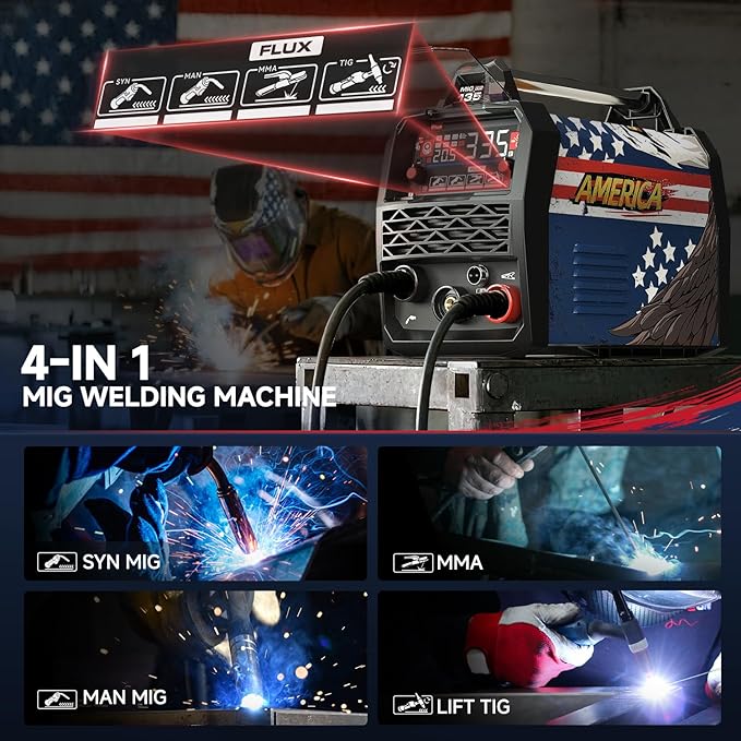 ANDELI 135Amp MIG Welder 110V/220V Dual Voltage, Portable Gasless Welder Flux MIG/Lift Tig/Stick 3-in-1 Multiprocess Welder LED Digital Display Welding Machine IGBT Inverter Welder MIG-135 Plus AE