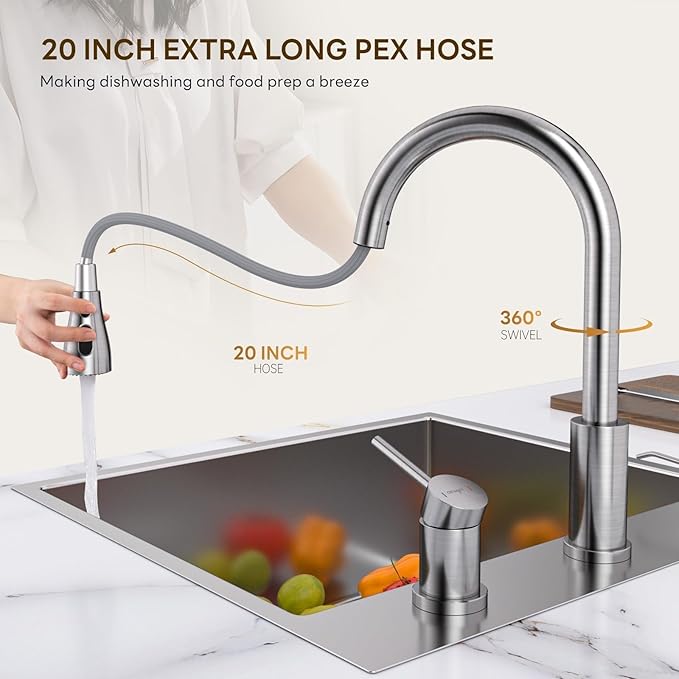 APPASO 2 Hole Kitchen Faucet, S304 Stainless Steel Two Holes Kitchen Sink Faucets with Pull Down Sprayer 3 Modes, Brushed Nickel High Arch Modern Faucet with Side Single Seperate Handle 2 Pieces