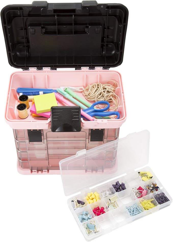 Portable Tool Box - Small Parts Organizer with Drawers and Customizable Compartments for Hardware, Fishing Tackle, Beads, or Crafts by Stalwart (Pink)