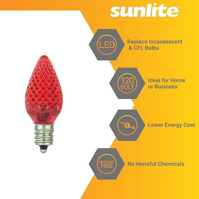 Sunlite 40460 LED C7 Holiday Decorative Light Bulb, 0.4 Watts, E12 Candelabra Base, Faceted Christmas-Lights; Nightlight, Red 24 Count