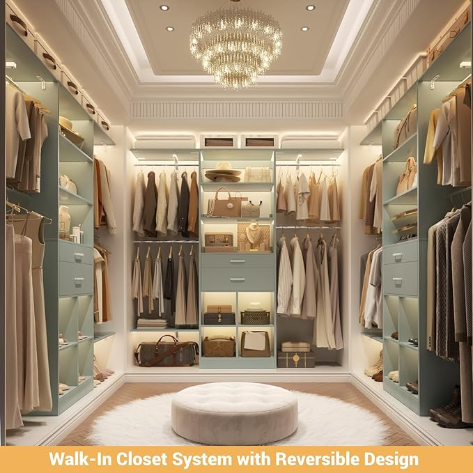 Small Closet System - 5FT Closet Organizer System with Wooden Drawers, 60 Inches Walk In Closet System With 5 Hanging Rods, Can Fit 1.58 to 6.8 FT with Reversible Hanging Shelving, Crab Green