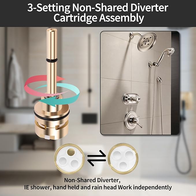 RP71718 3-Function Non-Shared Diverter Cartridge Compatible With RP71718 Replacement Part Set,Three Separate And Three Off Positions.Brass Construction