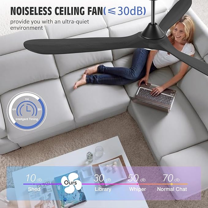 60 Inch Black Outdoor Ceiling Fans with Lights, Smart Ceiling Fan with Remote/APP/Alexa Control, Solid Wood Farmhouse Ceiling Fan for Patios Porch Bedroom, Quiet Reversible DC Motor, Indoor/Exterior