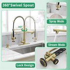 Fapully Commercial Kitchen Sink Faucet with Pull Down Sprayer Brushed Gold Single Handle Faucets for Kitchen Sink, Kitchen Faucet with Soap Dispenser and Deck Plack for 4 Hole