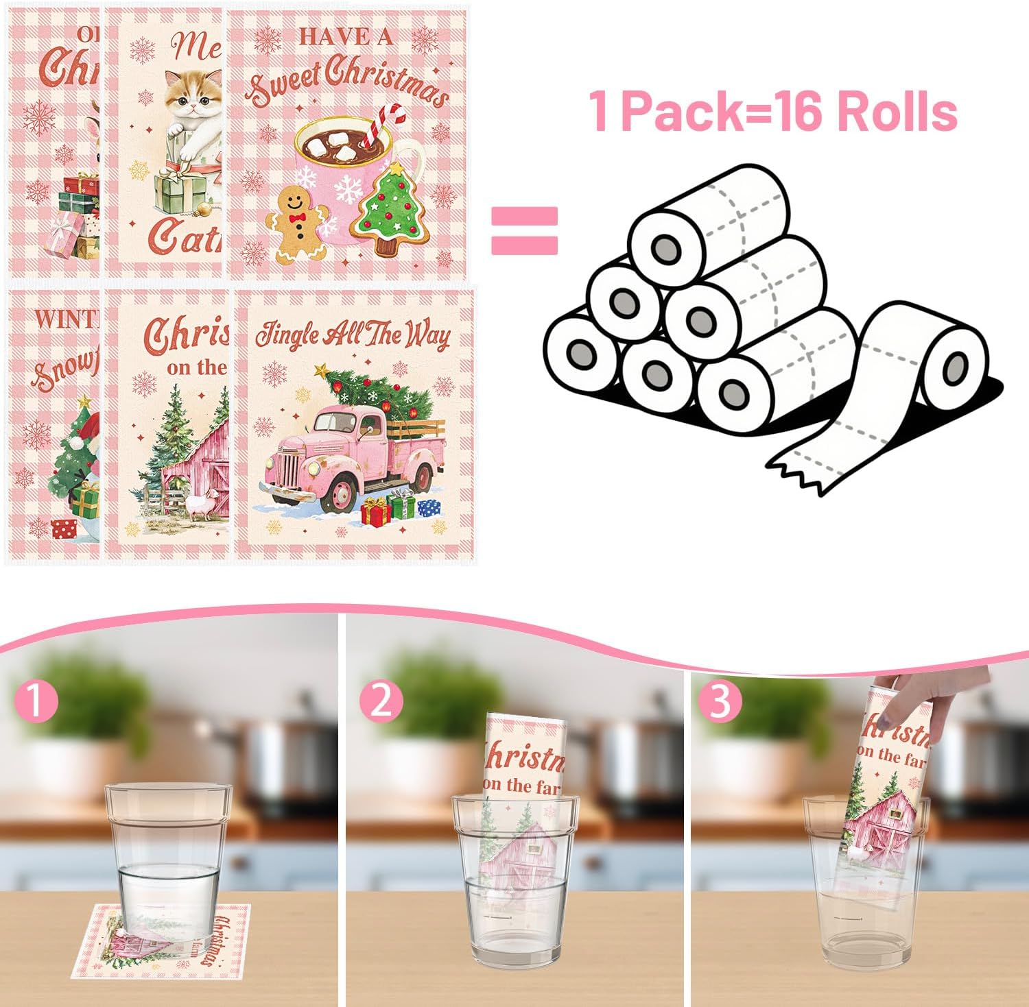 Pink Christmas Swedish Dishcloths for Kitchen, 6 Pack Snowman Truck Reusable Dish Paper Towels Housewarming Gifts, Xmas Absorbent Dish Rags for Home Cleaning