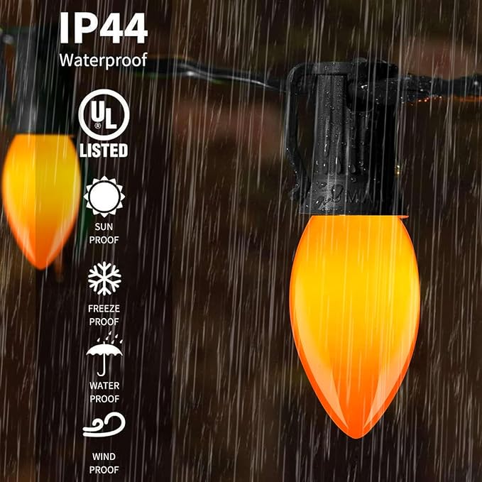 Abeja 25 Pack C9 Halloween Replacement Light Bulbs, Orange Ceramic Christmas Lights for Halloween Outdoor Patio Indoor Xmas String Lights, C9/E12 Candelabra Base, 7 Watt, Orange