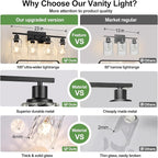4-Light Bathroom Light Fixtures, Matte Black Vanity Light with Crystal Glass Shades for Mirror, Living Room, Bedroom, or Porch