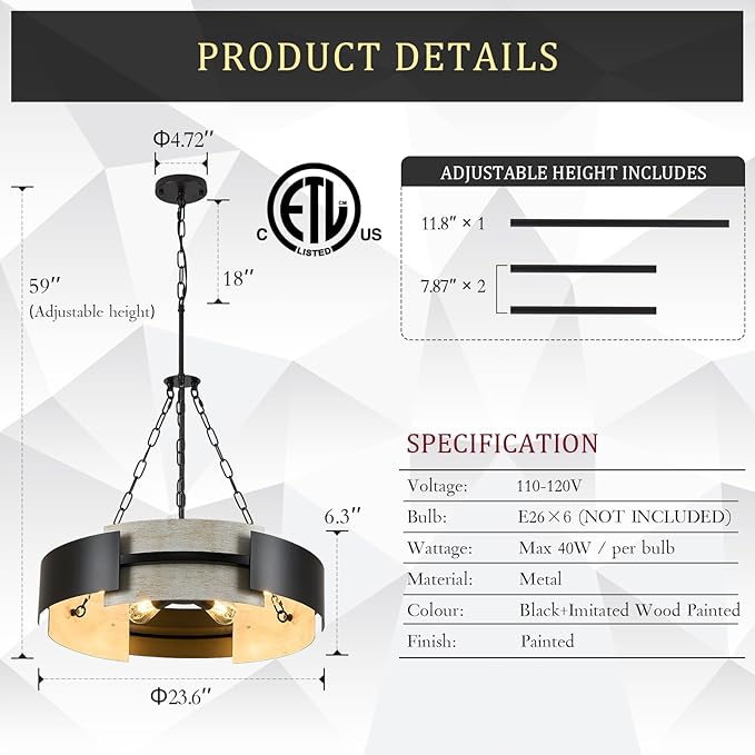 Industrial Drum Chandelier 24" 6-Light Modern Chandelier Black Metal Hanging Light Fixture Weathered Wood Grain for Living Dining Room Foyer Entryway Kitchen