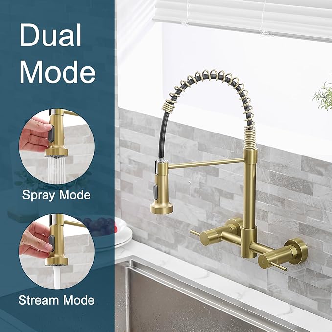 AIMADI Brushed Gold Kitchen Faucet,Wall Mount Faucet 8 Inch Center|2 Handle Commercial Sink Faucet for Modern Kitchens Luxury Style
