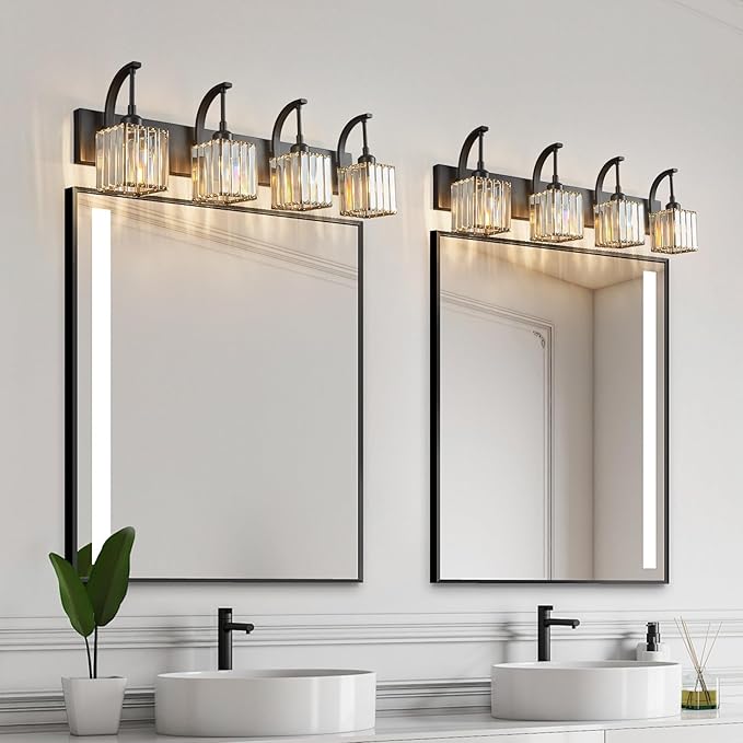 Crystal Vanity Lights 4-Light Black Bathroom Vanity Lights Modern Crystal Bathroom Light Fixtures Over Mirror 32.67" Long Vanity Light for Bathroom