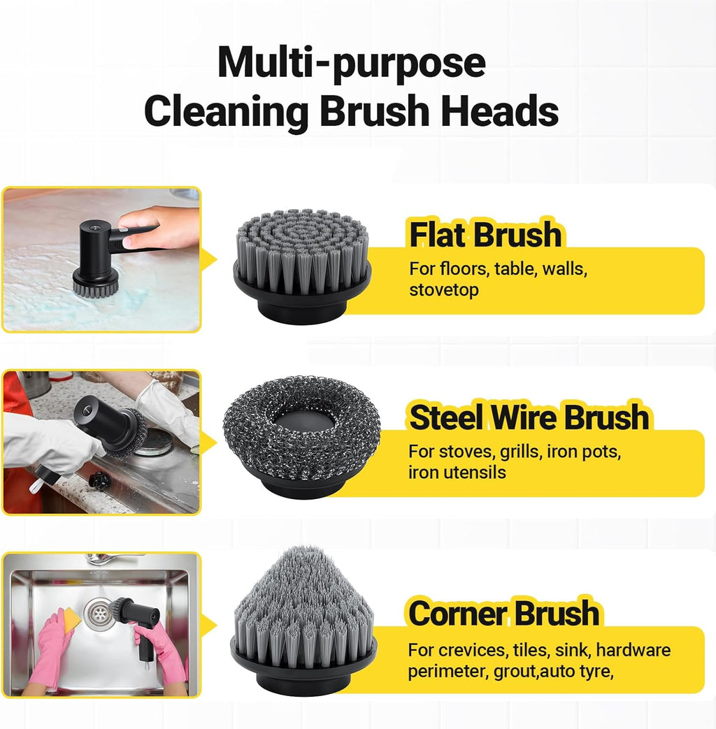 Electric Spin Scrubber, 3000 mAh Cordless Power Scrubber with 8 Replaceable Heads, Dual Speed Lightweight Handheld Scrubber for Cleaning Stove/Bowl/Sink/Corner/Tile/Grout (Black)
