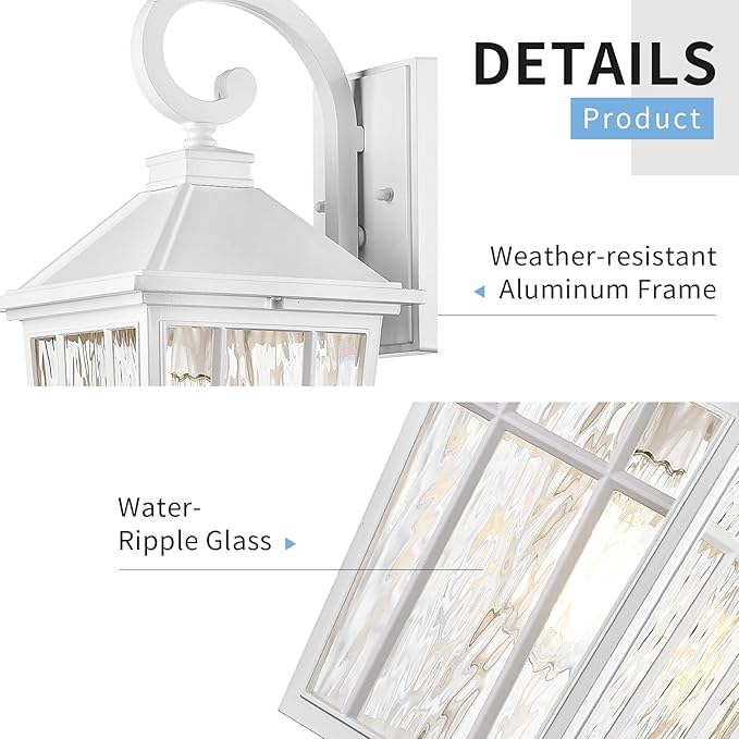 Darkaway 2pcs Large Outdoor Wall Lights for House, 18inch Exterior Lighting Fixtures Wall Mount White Outside Wall Sconce with Water Ripple Glass for Porch Patio Front Door