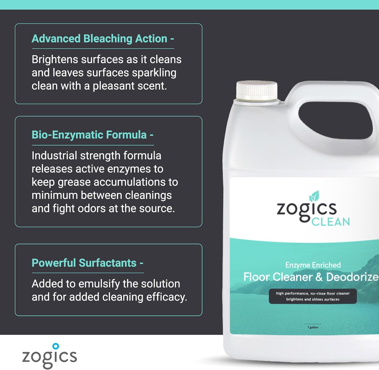 Zogics Enzyme Enriched Floor Cleaner & Deodorizer Concentrate, 128 oz - Makes up to 128 Gallons