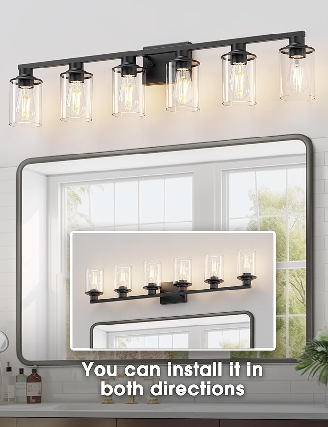 DORESshop 6-Light Black Bathroom Light Fixtures Over Mirror with Clear Glass Shade, Vanity Lights for Bathroom Mirror Hallway