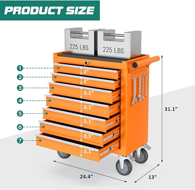 7-Drawer Rolling Tool Chest with Wheels, Tool Box with Locking System and Sliding Drawers, Tool Box Organizer for Garage, Warehouse, Workshop(Orange)