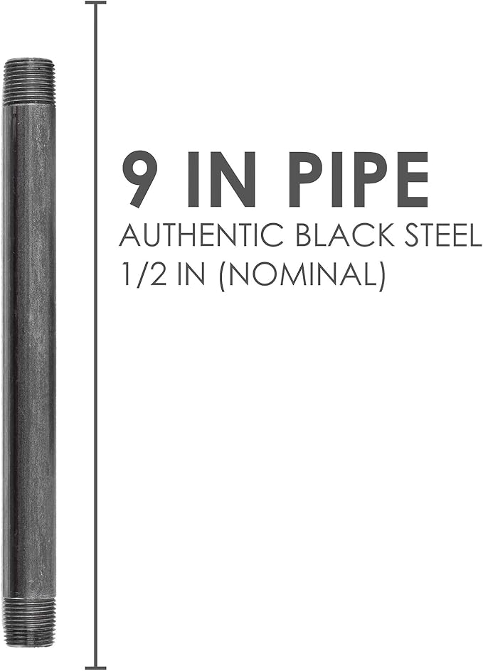 PIPE DÉCOR 1/2” x 9” Malleable Cast Iron Pipe Nipple, Pre-Cut Connectors, Industrial Steel Grey Fits Standard Half Inch Black Threaded Pipes Nipples and Fittings, Build Vintage DIY Furniture, 6 Pack