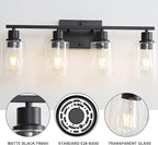 EMONG 4 Light Bathroom Vanity Light, Matte Black Bathroom Light Fixtures with Glass Shade, Modern Wall Sconces Lighting for Bathroom,Mirror,Farmhouse,Hallway