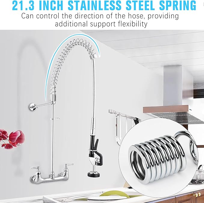 Spray Valve with 38" Flexible Stainless Steel Hose & Pre-Rinse Overhead Spring, Commercial Faucet Flexible Hose with Spray Head Replacement Kit for Commercial Restaurant Industrial Kitchen Sink Faucet