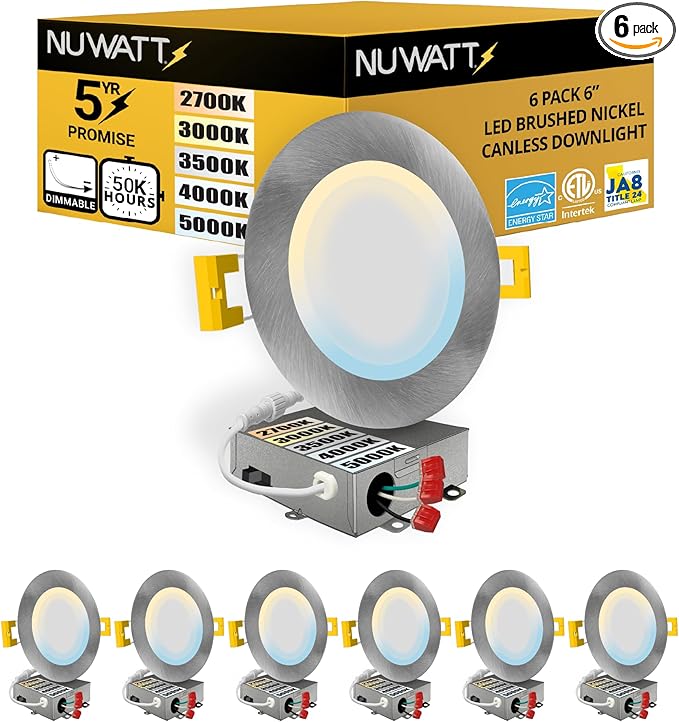 NUWATT 6 Pack 6 Inch Ultra-Thin Nickel LED Recessed Lighting, 5CCT 2700K/3000K/3500K/4000K/5000K Selectable, High Brightness 1050 Lumens, Dimmable Canless Slim Wafer Light, IC Rated, Metal J-Box, ETL