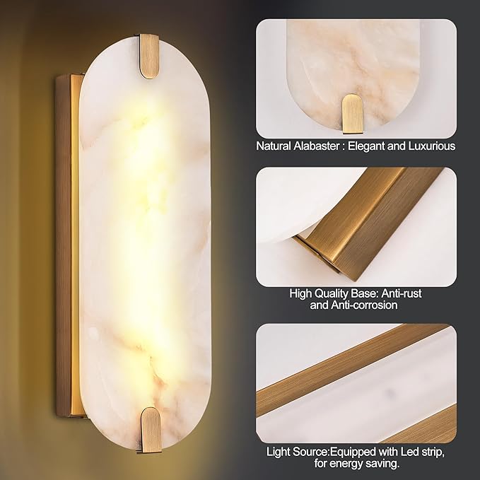 14.17in Alabaster Wall Sconces, Natural Marble Wall Light, Modern LED Alabaster Sconces for Living Room Indoor Wall Lamps for Dining Room Stairs Bedroom,Brushed Gold