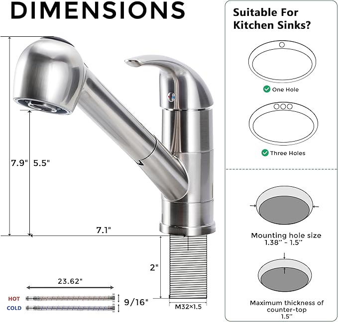 Comllen Commercial Pull Out Kitchen Faucet Brushed Nickel, Stainless Steel Single Handle Small Kitchen Sink Faucet, Single Hole Low Kitchen Faucets with Sprayer, Deck Plate