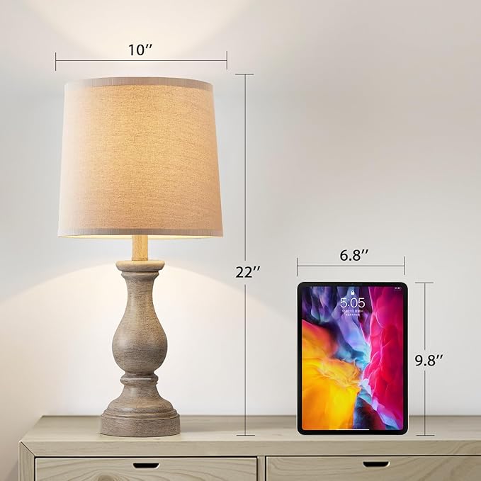 Seealle Farmhouse Table Lamps Set of 2 - Rustic Lamp for Bedroom Living Room, 22" Boho Bedside Lamps for Night Stands End Table Office Desk Lamp Nightstand with Linen Shades(Wood Painted)