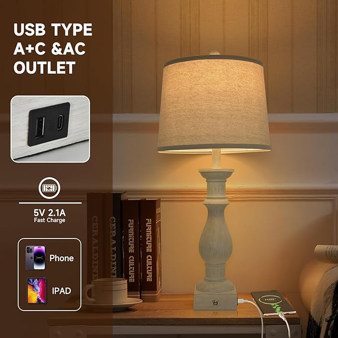 Terpsichore Touch Dimmable Desk Lamp Table Lamps Set of 2 Vintage Night Stand Light Farmhouse Resin Lamp,Bedside Lamps with USB Ports &Outlets,for Bedroom,Living Room,Office,Dining Room,Reading