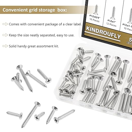 56 Pieces #12 x 3/4" 1" 1-1/4" 1-1/2" 2" Phillips Countersunk Head Self-Tapping Screws, Wood Screws Assortment Kit, 304 Stainless Steel