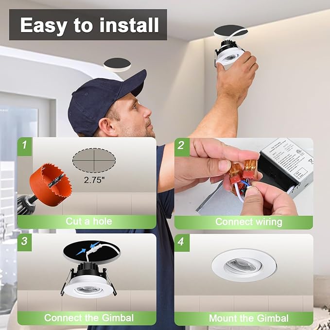 Canless Recessed Gimbal Downlight Rotatable-Spotlight 5 CCT 3 Inch Eyeball Ceilling Potlight, Dimmable Recessed Lights Fixture with Junction Box, 8W CCT Adjustable, Black Round Trim, 6 Pack