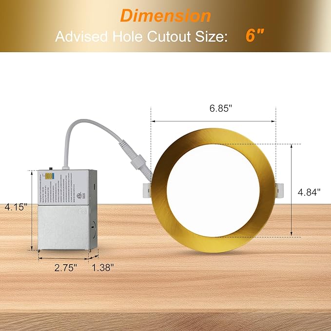 ZYC Recessed Lighting 6 Inch - 12W 1100LM LED Recessed Ceiling Light with Night Light,2700K/3000K/4000K/5000K/6000K Selectable Ultra-Thin Lighting,Dimmable Canless Wafer Downlight,Pack of 6（Gold）.