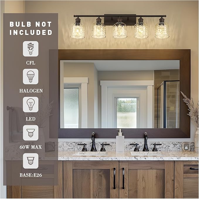 zeyu 35 Inch Farmhouse Bathroom Lighting Fixture, 5-Light Bathroom Vanity Light, Oil Rubbed Bronze Finish with Clear Hammered Glass, ZJF63B-5W ORB