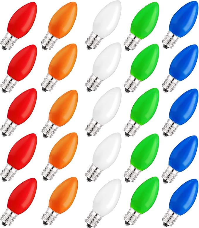 C9 Multicolor Christmas Replacement Bulbs 25 Pack - E17 Intermediate Base 7W for Outdoor/Indoor Party & Decor