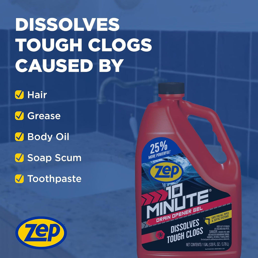Zep 10 Minute Drain Opener Gel 1 Gallon (Case of 4) ZHCR128NG - Commercial Strength, Fast Acting and Safe for All Pipes