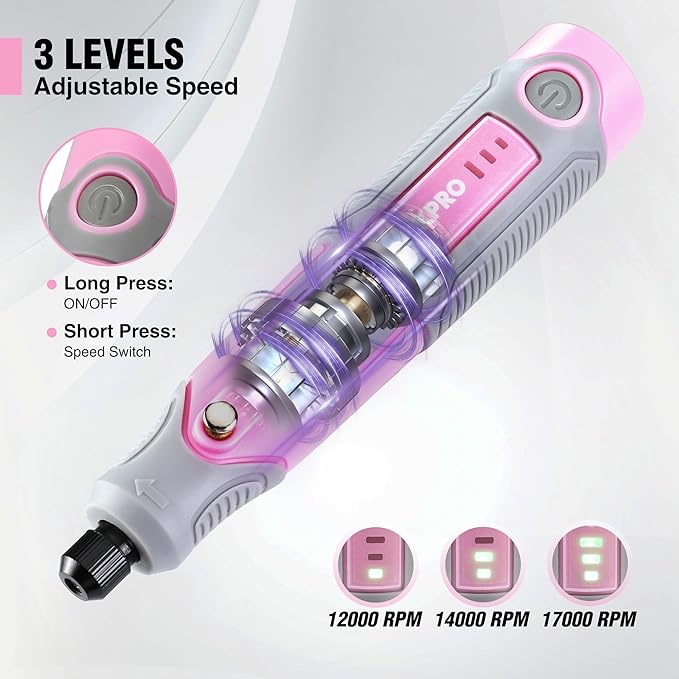 WORKPRO Cordless Rotary Tool Kit with 71pcs Accessories, 3 Variable Speeds, USB Rechargeable Mini Rotary Tool for Engraving, Sanding, Polishing, Carving, Cutting, DIY Crafts - Pink Ribbon