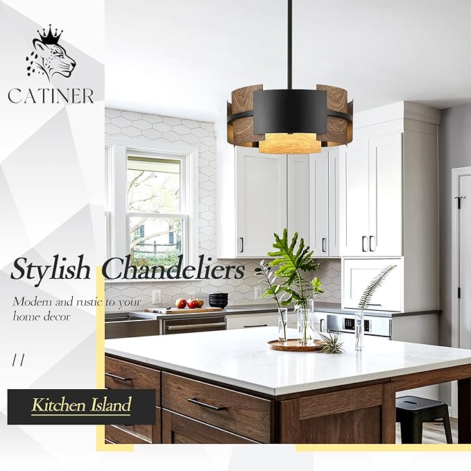 Industrial Drum Chandeliers, Modern Black Metal Pendant Lighting Walnut Wood Grain 4-Ligth Semi Flush Mount Chandelier 12" for Foyer Entryway Kitchen Hallway Dining Room